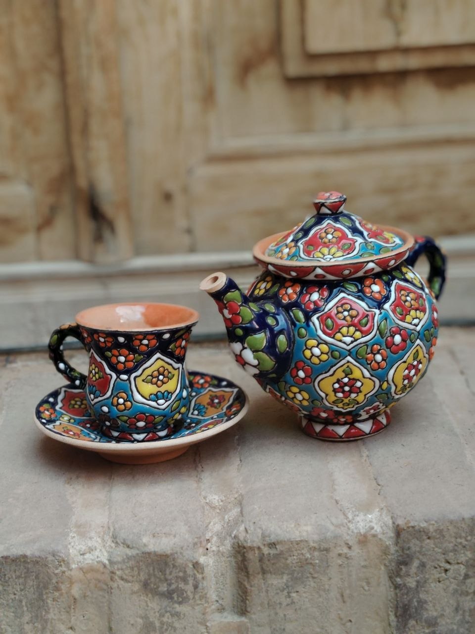 ست گلدان سفالی میناکاری دهانچیندار (۳ سایز)